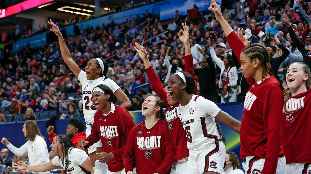 The Gamecocks celebrate during the Final Four semifinals against Louisville at the Target Center in Minneapolis, Minn. on Friday, April 1, 2022.