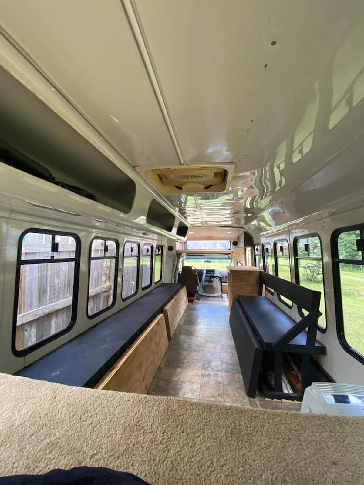 The inside of the bus has been refurbished to host guests instead of passengers.