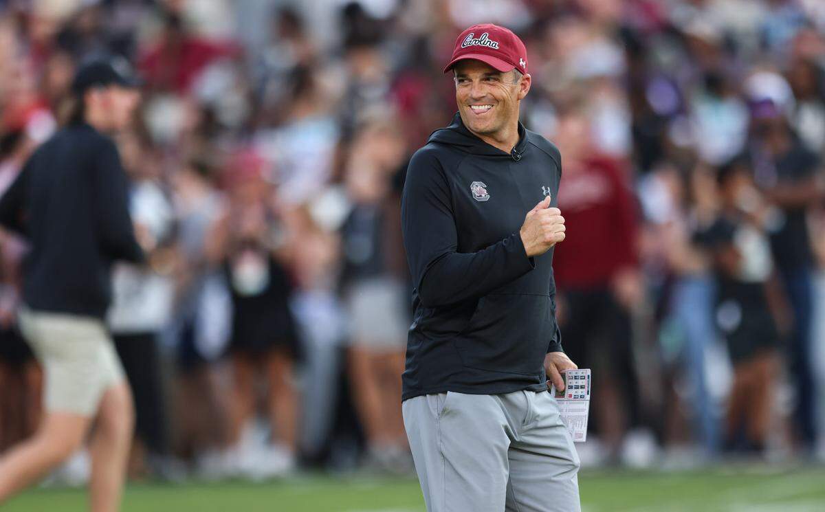 South Carolina head coach Shane Beamer laughs during the Garnet and Black Spring Game in Columbia on Friday, April 18, 2025.