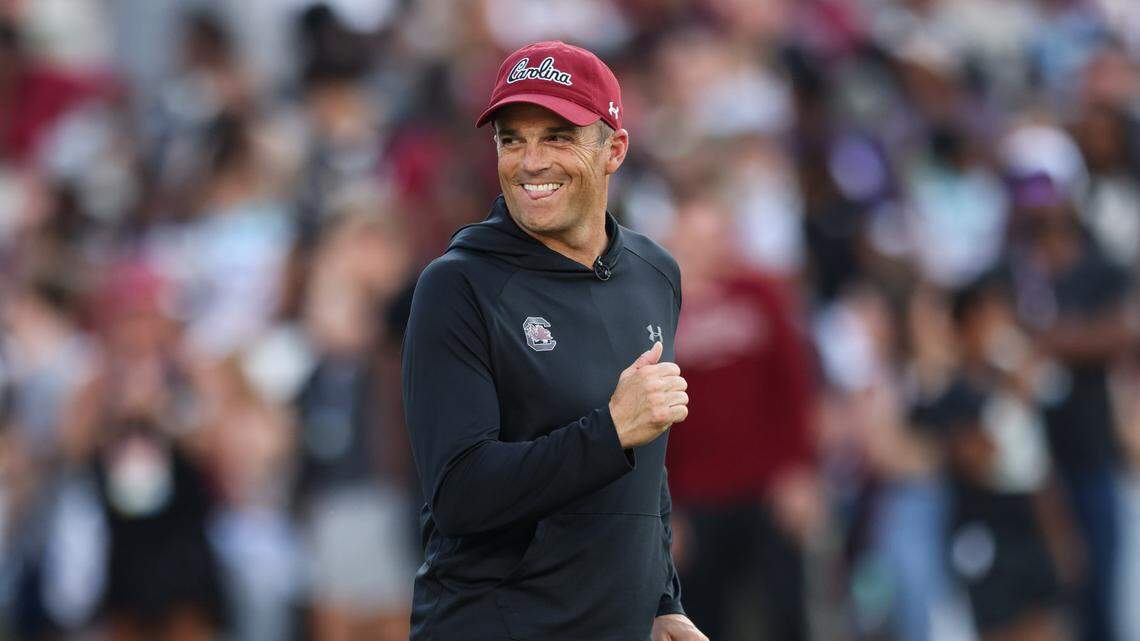 South Carolina head coach Shane Beamer laughs during the Garnet and Black Spring Game in Columbia on Friday, April 18, 2025.