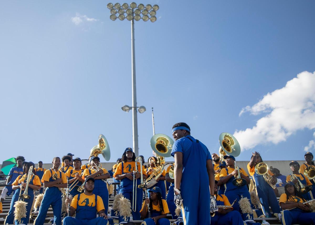 Allen University’s marching band keeps the crowd pumped up during the game against Columbus State University at W. C. Hawkins Stadium Saturday Sept. 1, 2018, in Columbia, SC.