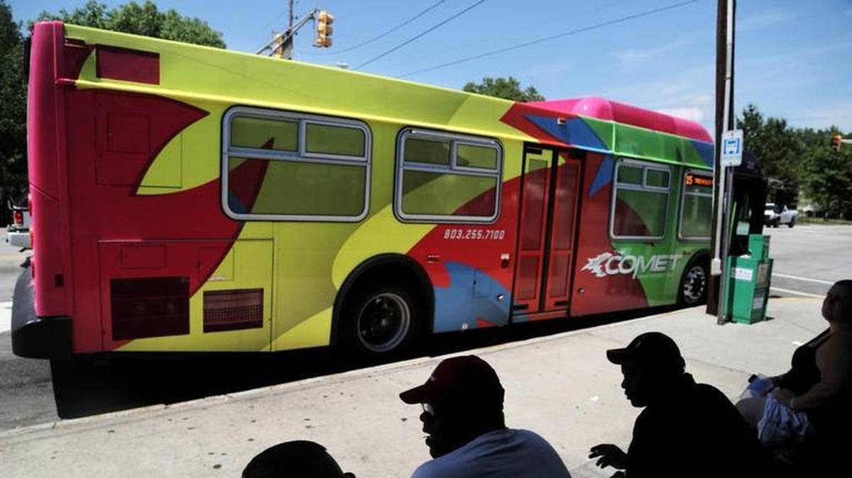 A bus arrives at the COMET Transit Center on Laurel Street in downtown Columbia in this file photo.
