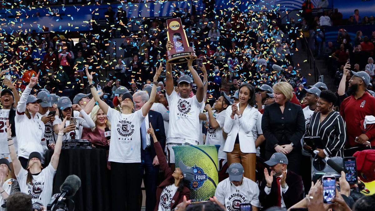 The University of South Carolina Gamecocks celebrate winning the national championship game against UConn at the Target Center in Minneapolis, Minn. on Sunday April 3, 2022.