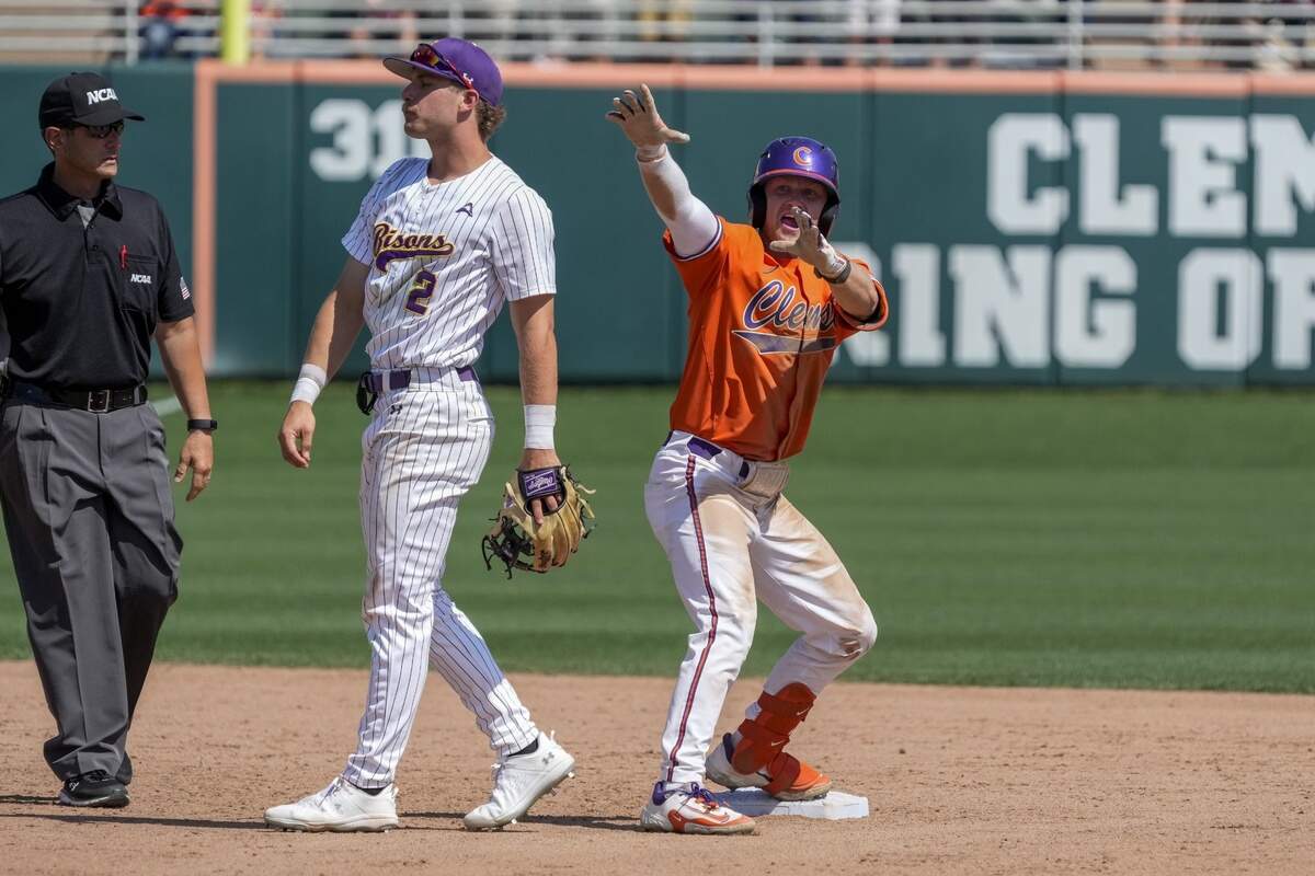Clemson infielder Riley Bertram (6) celebrates his double during the NCAA Baseball Regional against the Lipscomb Bisons at Clemson University.