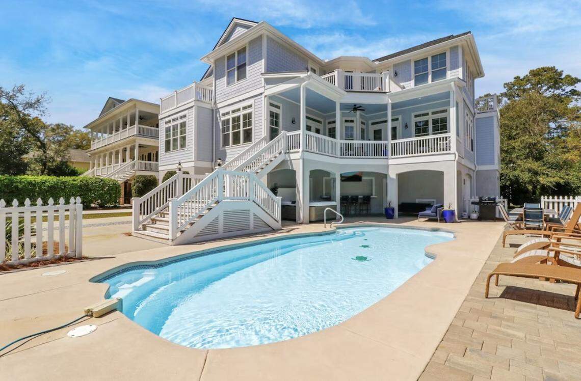 The private pool at the 21 Sand Dollar home, which boats seven bedrooms and easy access to the beach in Hilton Head.