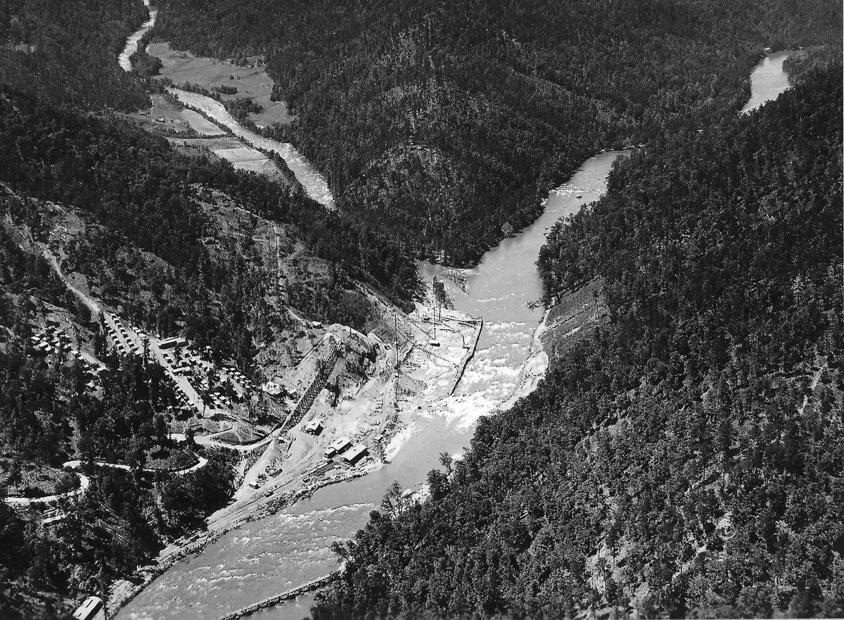 This historical photograph shows construction of the dam at the lower end of the Chattooga River. The dam was built nearly 100 years ago, but today has been targeted for removal to restore the lower part of the federally designated wild and scenic river on the South Carolina-Georgia border.