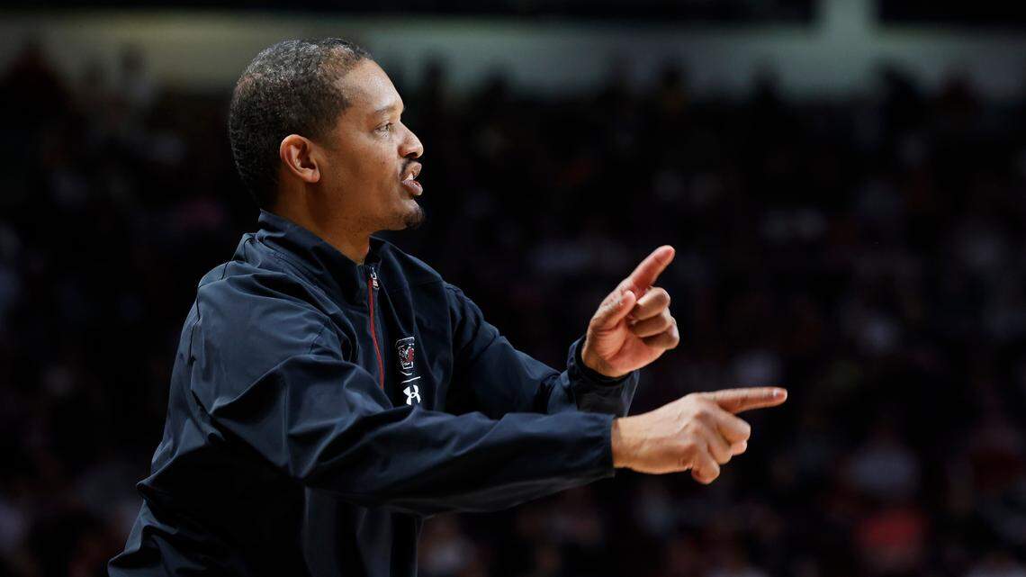 South Carolina head coach Lamont Paris coaches his team during their game against Vanderbilt at Colonial Life Arena on Saturday, February 10, 2024.