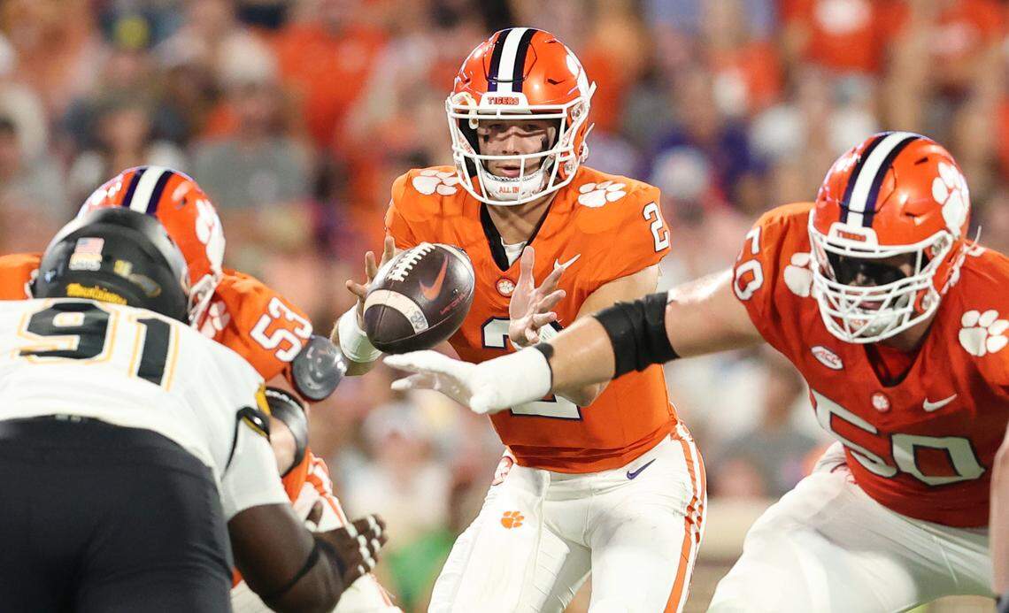 Clemson quarterback Cade Klubnik (2) takes a snap against Appalachian State during first-half action in Clemson, S.C. on Saturday, Sept. 7, 2024.