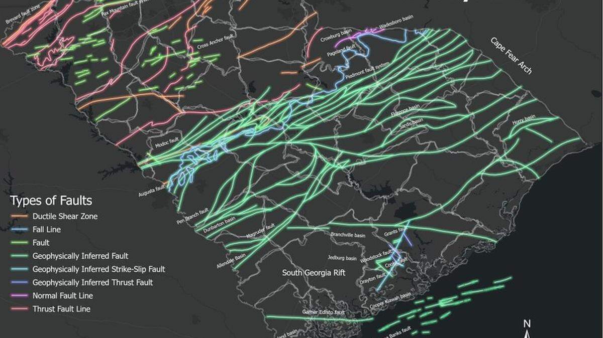 The South Carolina Emergency Management Division map of fault lines in the Palmetto State where there has been a swarm of earthquakes.