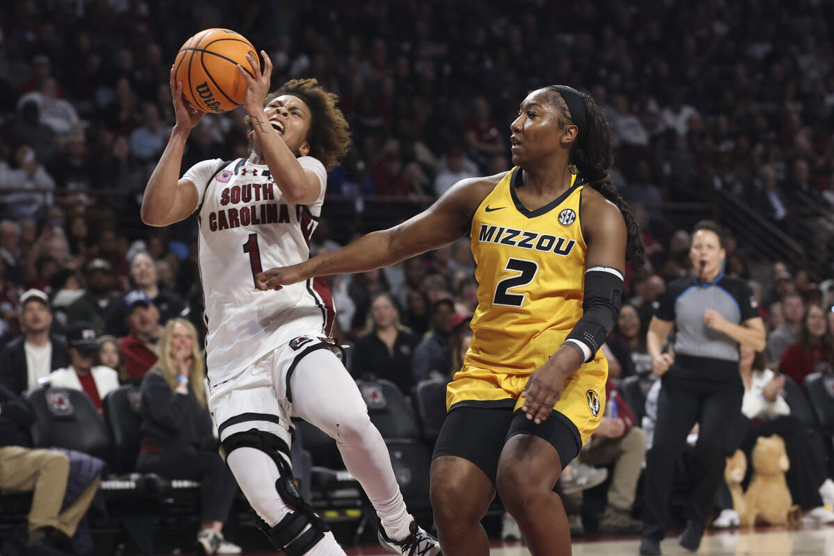 South Carolina's Maddy McDaniel (1) is fouled by Missouri’s Saniah Tyler (2) during the first half of action of their women's basketball game against Clemson at Colonial Life Arena on Thursday, Feb. 26, 2026.