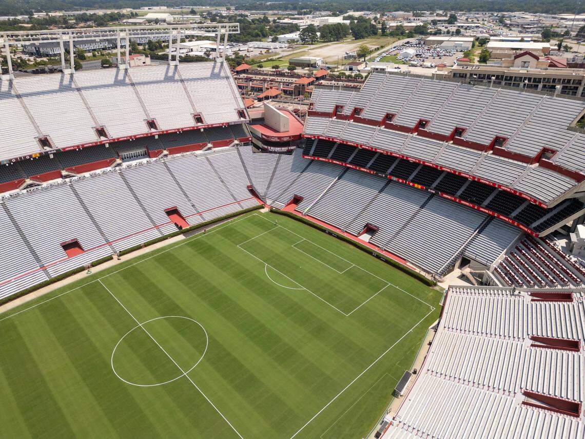 Williams-Brice Stadium is painted Tuesday for the Rivals in Red tour matchup Saturday between Premier League teams Liverpool and Manchester United. The two United Kingdom soccer teams are some of the most popular in America.
