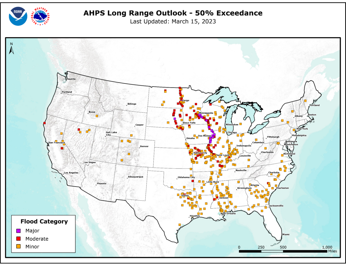 A map of where flooding might occur in the U.S. this spring.