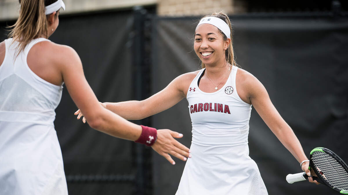 South Carolina’s Mia Horvit, right, celebrates with Ingrid Martins after a point during doubles play against North Florida during the NCAA tournament Friday, May 3, 2019, in Columbia, S.C.