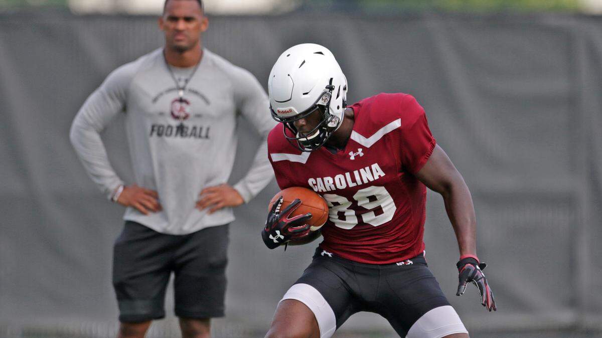 South Carolina receiver Bryan Edwards works on returning punts in a recent practice.