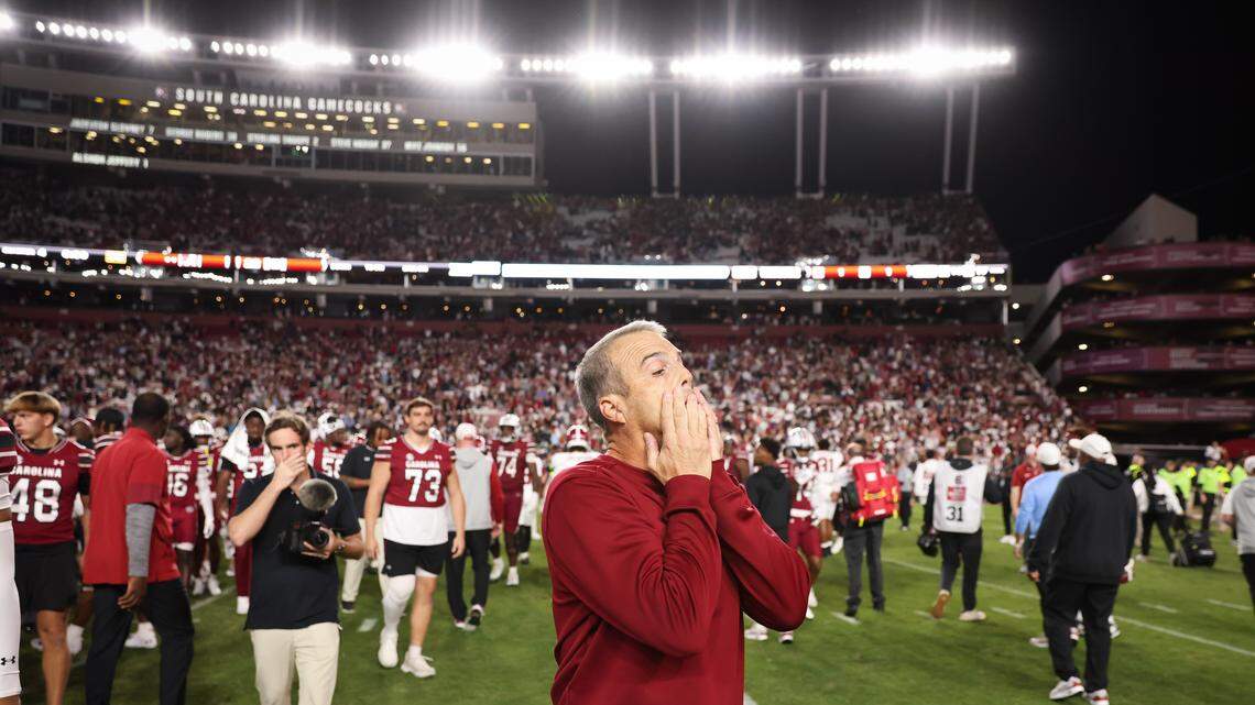South Carolina head coach Shane Beamer reacts following the Gamecocks’ loss to Alabama at Williams-Brice Stadium in Columbia on Saturday, October 25, 2025.


