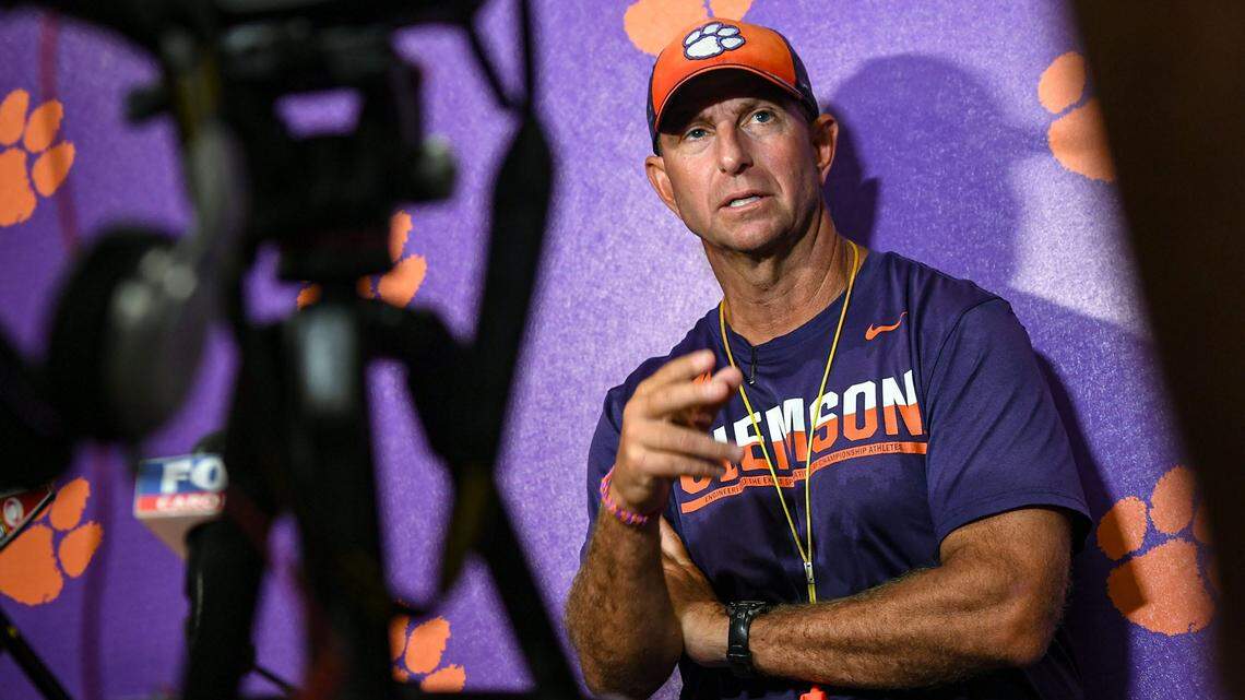 Clemson head coach Dabo Swinney talks with media in the media room at Memorial Stadium in Clemson, Saturday, August 10, 2024.