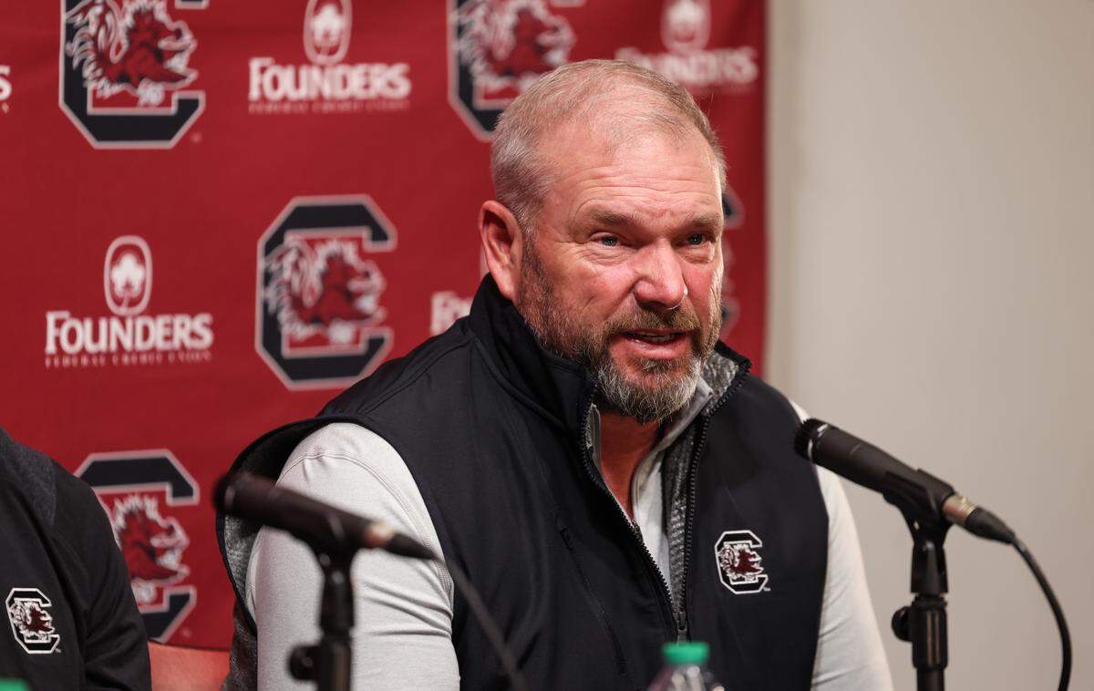 South Carolina offensive line coach Randy Clements speaks during a press conference in Columbia on Friday, December 12, 2025.
