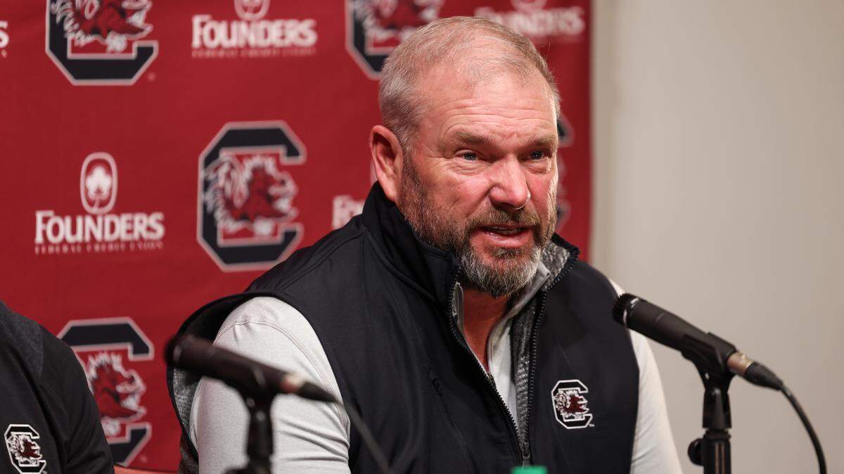 South Carolina offensive line coach Randy Clements speaks during a press conference in Columbia on Friday, December 12, 2025.