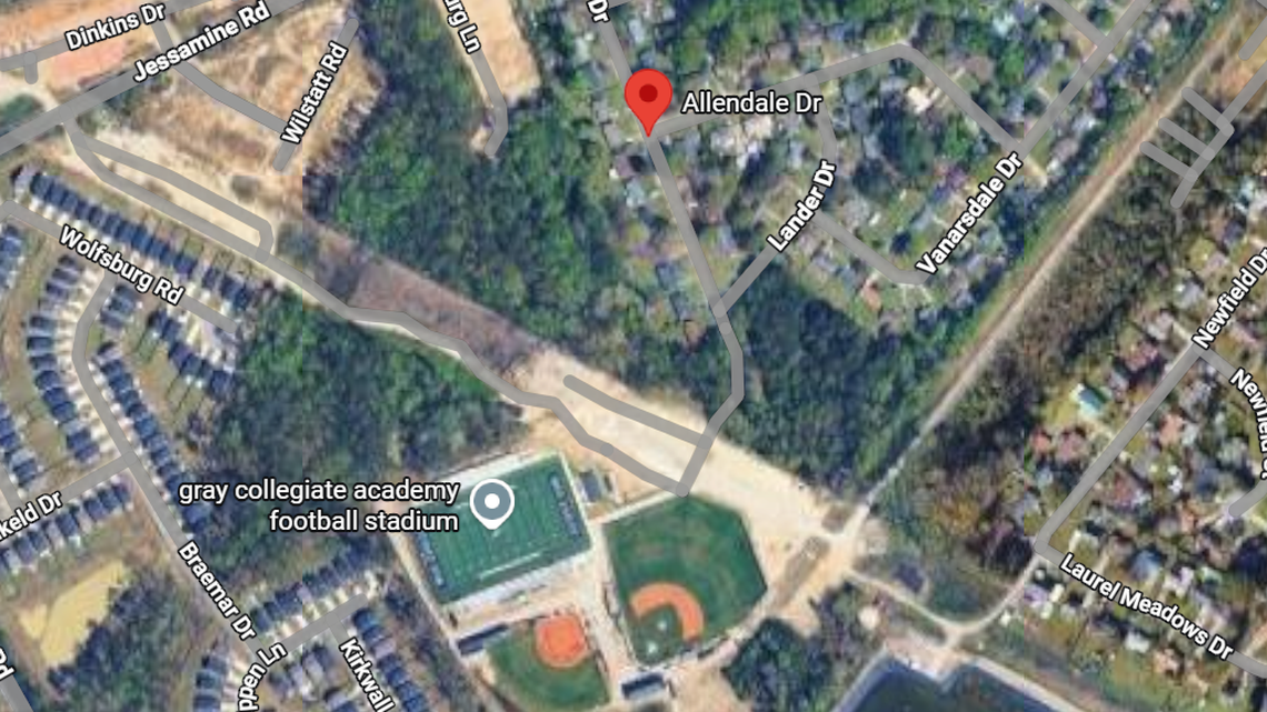 Where Gray Collegiate’s athletic fields would connect to Allendale Drive at the charter school’s West Columbia campus.