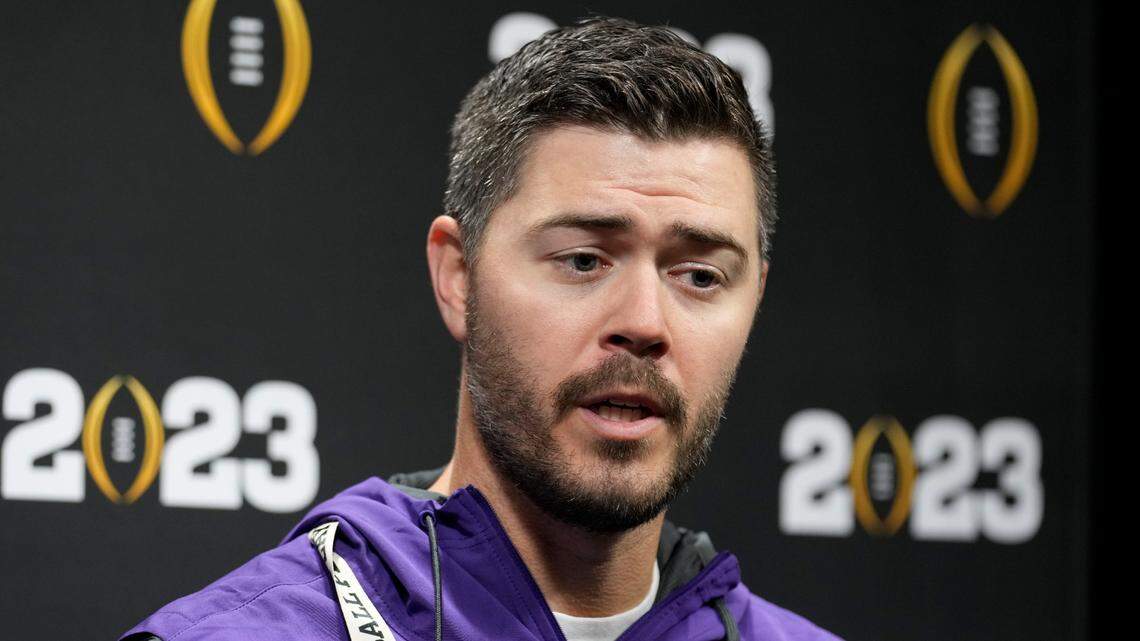 TCU offensive coordinator Garrett Riley speaks during a media day ahead of the national championship NCAA College Football Playoff game between Georgia and TCU, Saturday, Jan. 7, 2023, in Los Angeles. The championship football game will be played Monday. (AP Photo/Marcio Jose Sanchez)