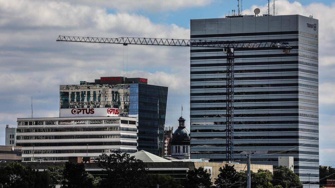 Columbia’s skyline with construction crane from building of a 17-story student apartment building on Assembly Street.