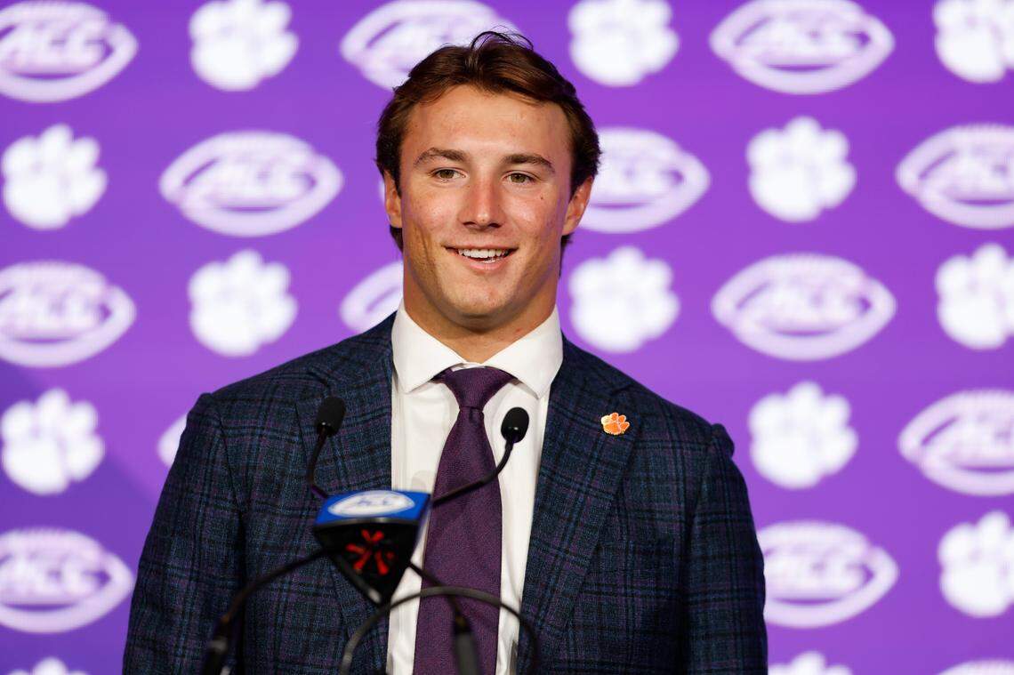 Clemson quarterback Cade Klubnik speaks to the media at the 2025 ACC Kickoff in Charlotte, N.C., Thursday, July 24, 2025.
