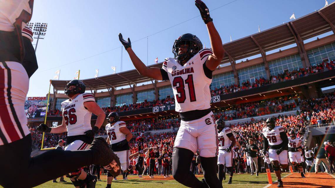 South Carolina defensive back Peyton Williams (31) throws up his hands as he enters the field before the Palmetto Bowl between at Memorial Stadium in Clemson on Saturday, November 30, 2024.