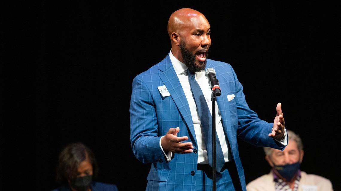 Tyler Bailey, a candidate for Columbia City Council at large seat, discusses arts and culture issues at the Koger Center on Thursday, September 2, 2021.