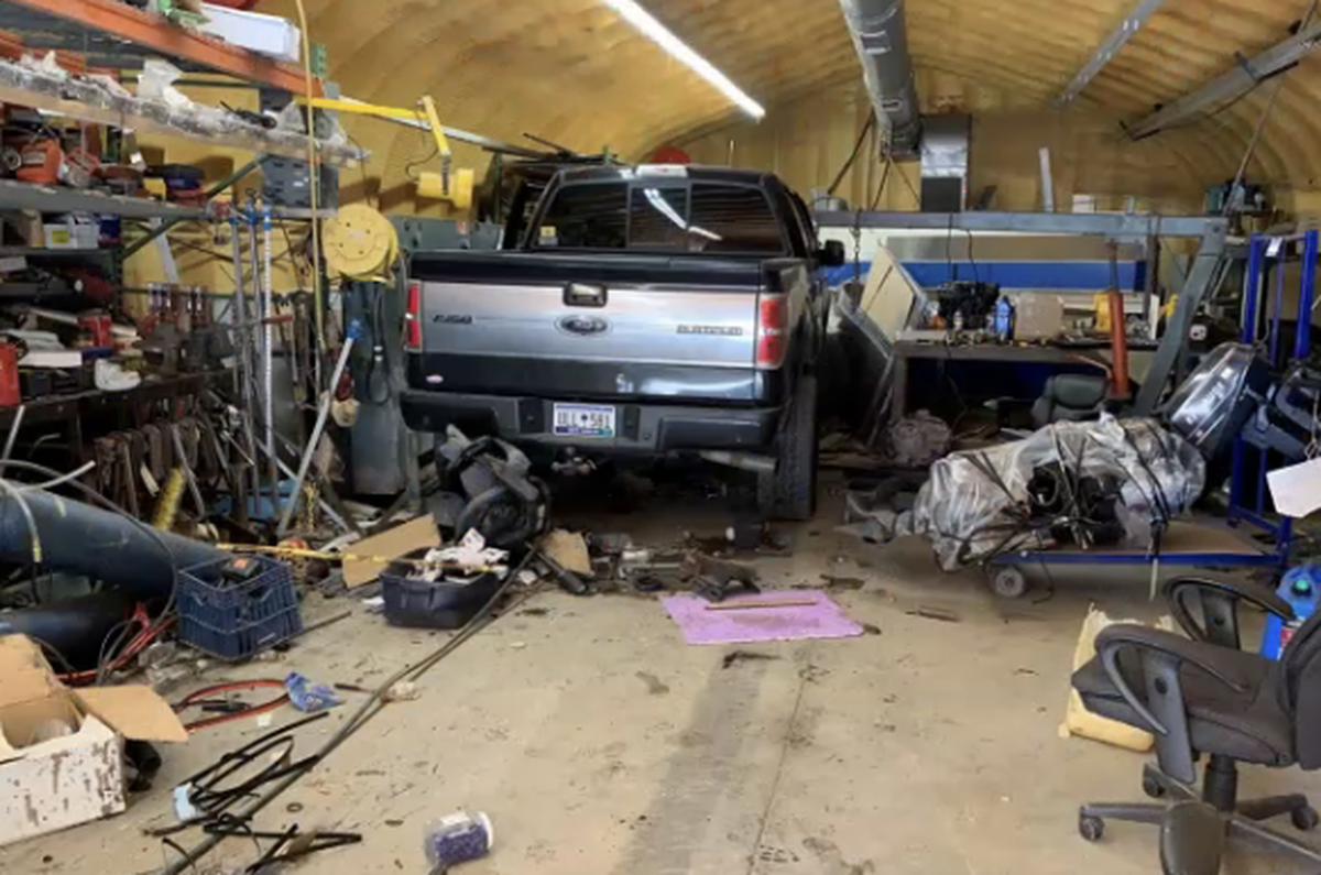 Photo shows where Caleb Kennedy’s truck came to rest after Larry Paris was hit and killed.