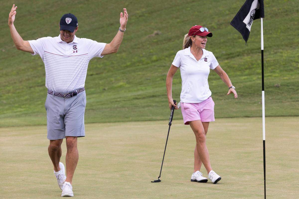 South Carolina head women’s golf coach Kalen Anderson plays in the Birdies with Beamer golf tournament at Cobblestone Park on Thursday, July 28, 2022.