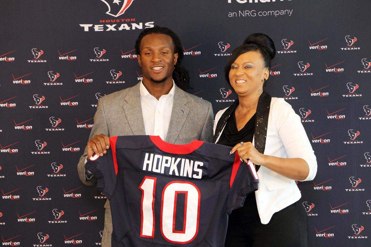 Apr 26, 2013; Houston, TX, USA; Houston Texans first round draft pick wide receiver DeAndre Hopkins poses for a picture with his mother Sabrina Greenlee during a press conference at at Reliant Stadium.