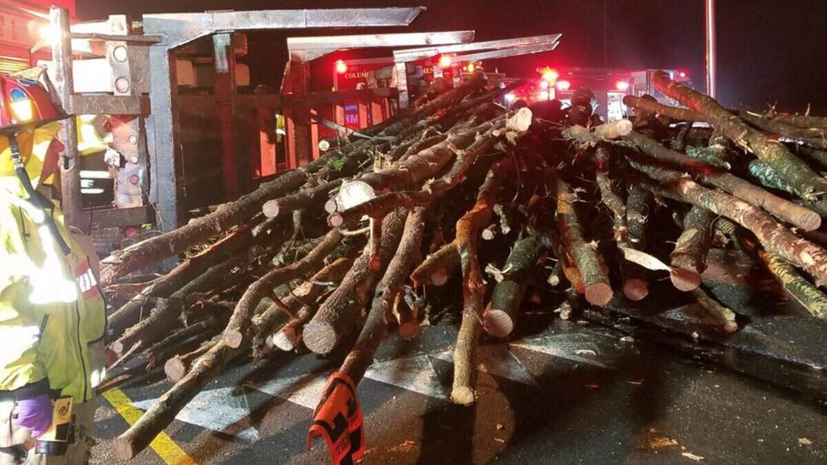 This photo shows an overturned logging truck