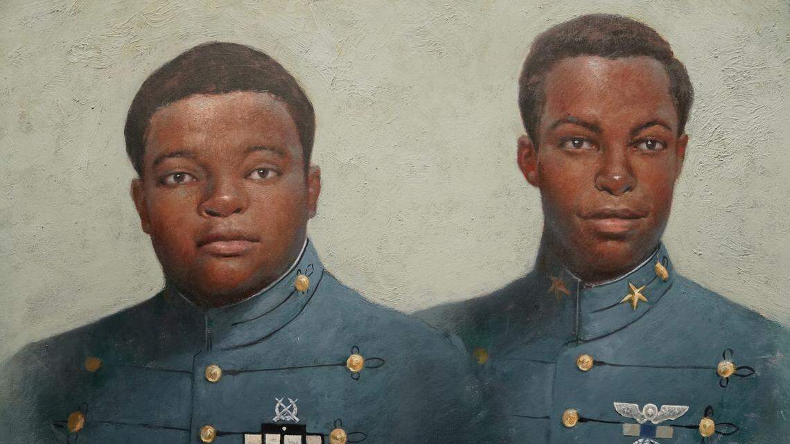 The Citadel unveiled this portrait of Charles Foster and Joseph Shine, the first two African American cadets at the military college, during a portrait presentation ceremony on Nov. 13, 2021. The artist is Reyneir LLanes.