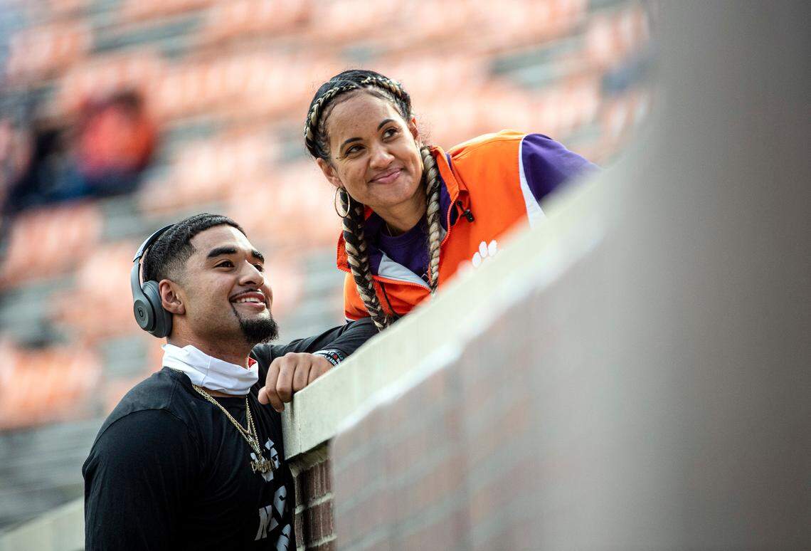 Clemson quarterback D.J. Uiagalelei (5) smiles with his mother Tausha Uiagalelei during pregame before the game against Boston College, Oct. 31, 2020.