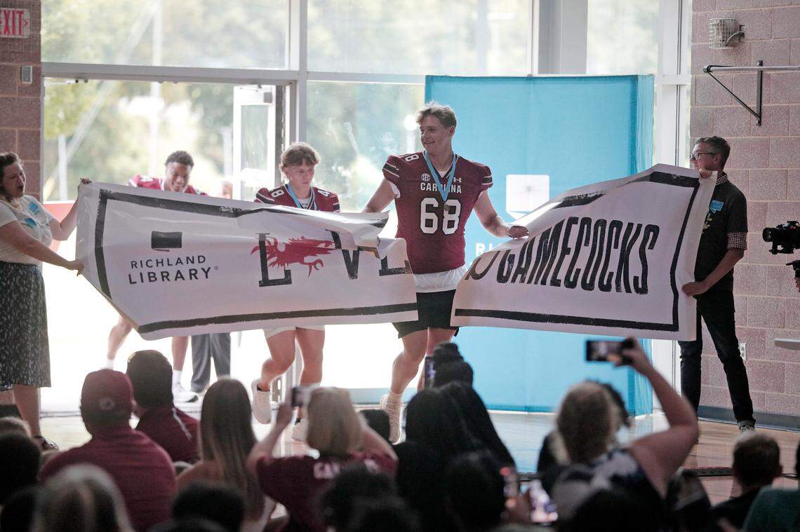 Campbell Vandiver (68) and the University of South Carolina football team freshmen took part in the annual Pigskin Poets reading event Friday, July 21, 2023 at the Drew Wellness Center in Columbia.