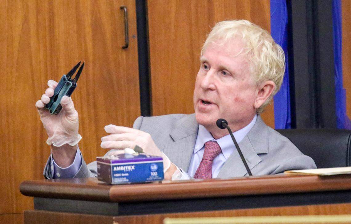 Dr. Thomas Beaver, a forensic pathologist, testifies to the evidence that the multi-tool is the weapon used to kill Samantha Josephson during the trial of Nathaniel Rowland on Monday, July 26, 2021 in Richland County Circuit Court. Rowland is accused of killing Samantha Josephson after luring her into his car.