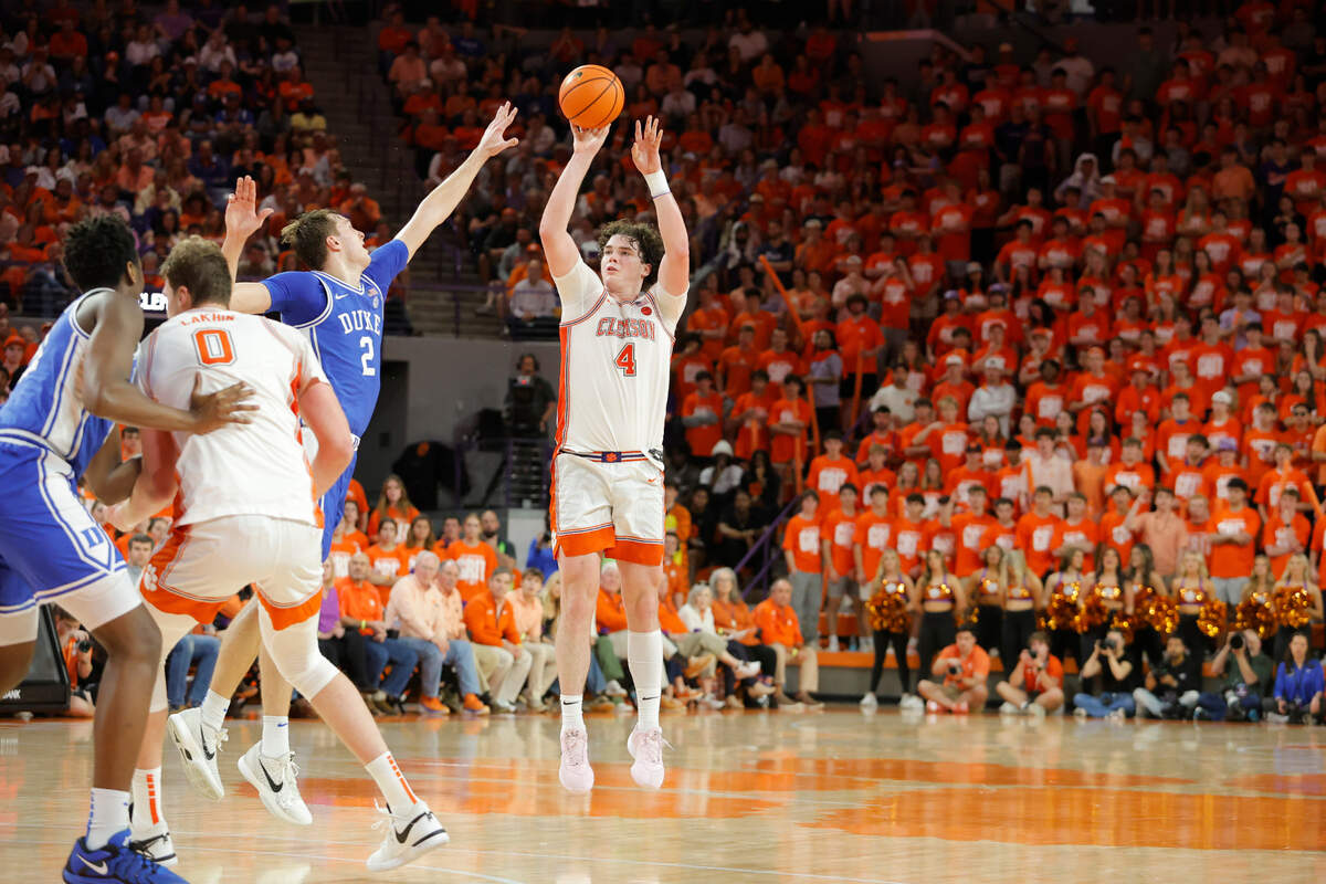 Clemson forward Ian Schieffelin (4) knocks down a three-point shot that tied the game against Duke during second-half action in Clemson, S.C. on Saturday, Feb. 8, 2025.