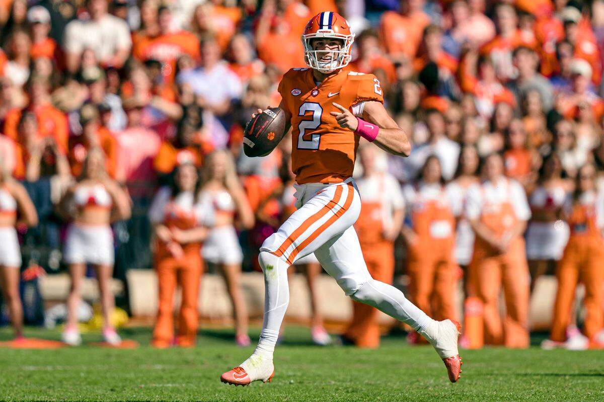 Clemson quarterback Cade Klubnik (2) looks to pass in the second half during an NCAA college football game against Syracuse on Saturday, Oct. 22, 2022, in Clemson, S.C. (AP Photo/Jacob Kupferman)