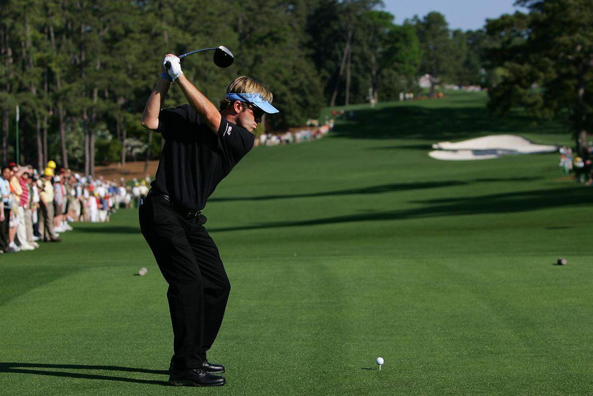 Brett Quigley hits his tee shot on the eighth hole during the first practice day prior to the start of The Masters at Augusta National Golf Club April 2, 2007.
