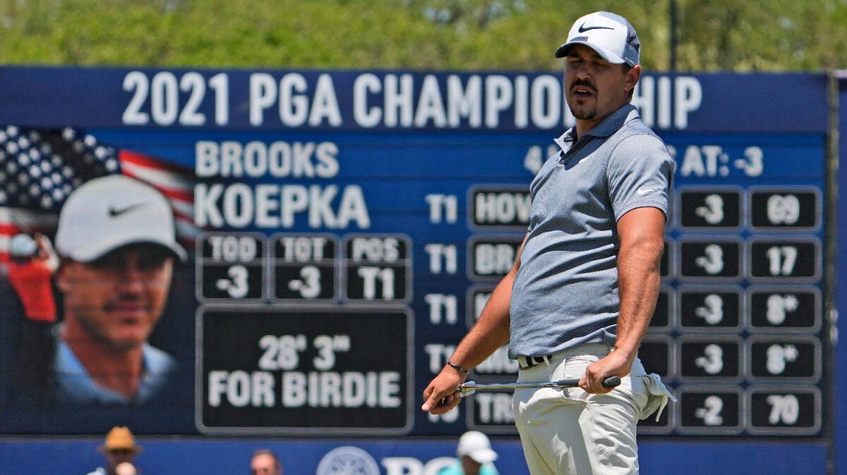 Brooks Koepka misses a birdie putt on the ninth hole during the first round of the PGA Championship golf tournament on the Ocean Course Thursday, May 20, 2021, in Kiawah Island, S.C. (AP Photo/David J. Phillip)