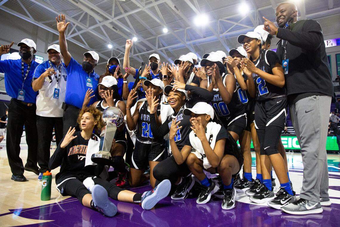 Westlake celebrates after winning the GEICO Nationals Tournament girls championship game at Suncoast Credit Union Arena in Fort Myers on Saturday, April 3, 2021. Westlake High School (Georgia) beat St. Paul VI Catholic High School (Virginia) 70-50.