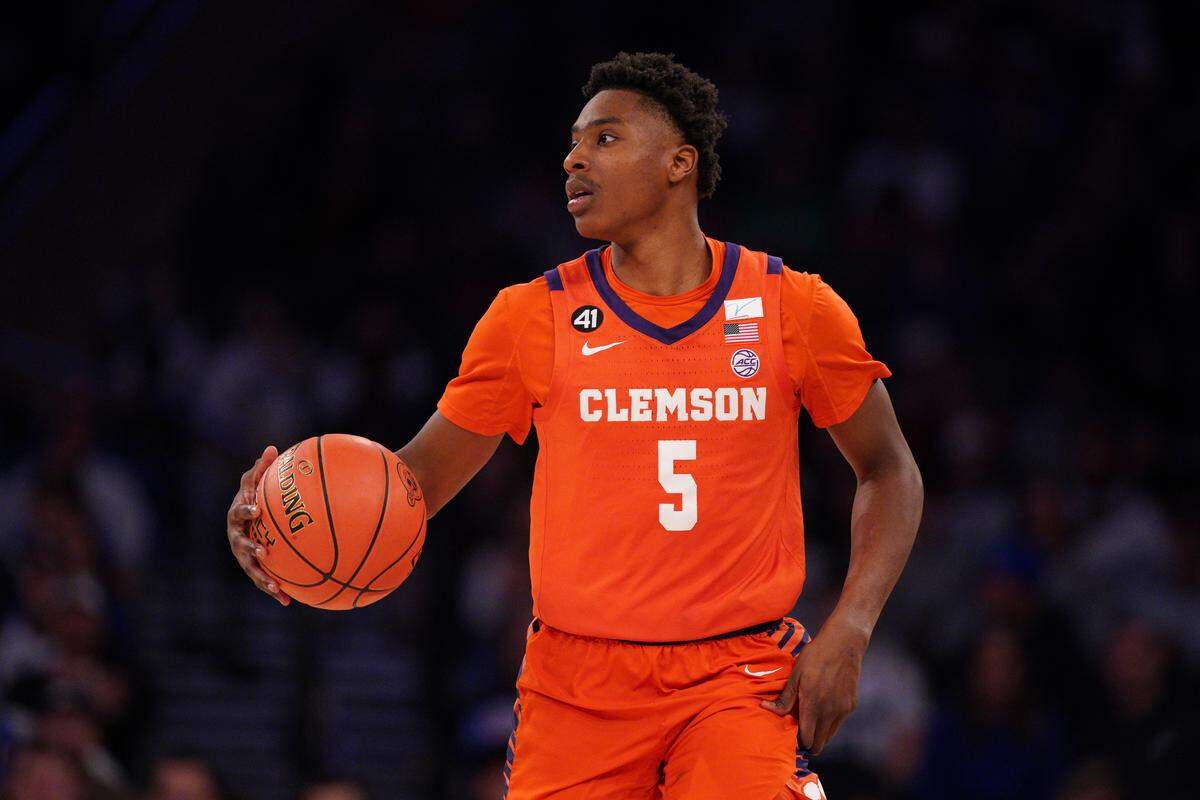 Clemson’s Zac Foster drives the ball against the BYU Cougars at Madison Square Garden on Dec. 9, 2025 in New York City. 