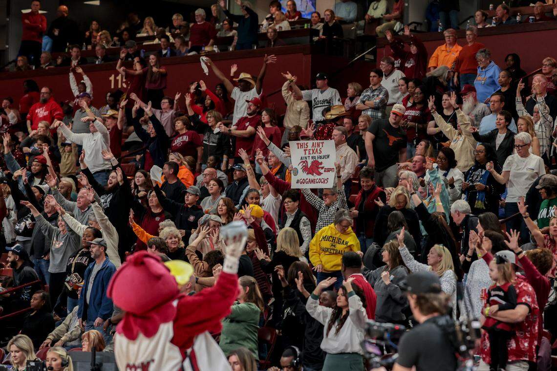 Gamecock fans cheer during the second half of action against Texas in the SEC Tournament at the Bon Secours Wellness Arena in Greenville on Sunday, March 9, 2025.