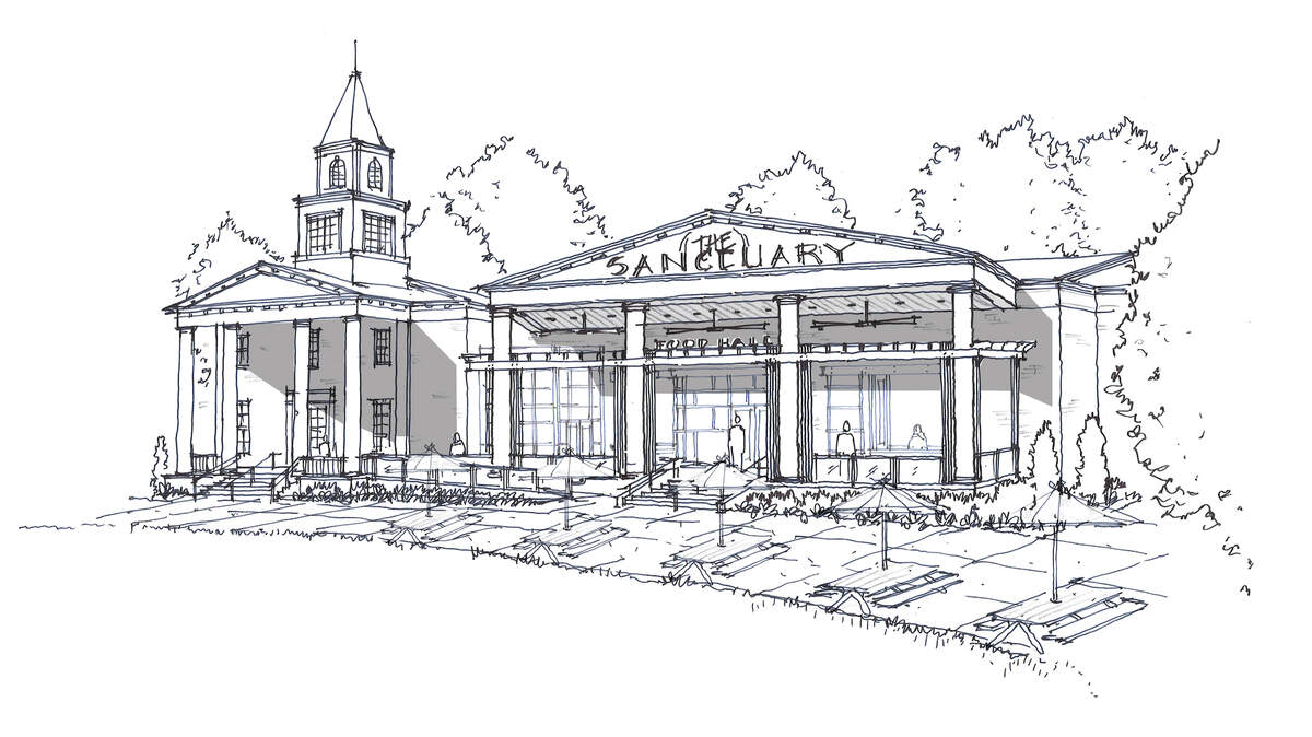 A rendering of Sanctuary Food Hall, which plans to open in the former Chapel of Hope church building at BullStreet in Columbia, S.C., in 2023.