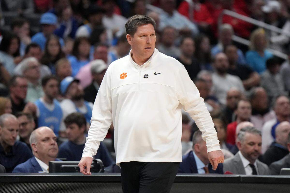 Mar 28, 2024; Los Angeles, CA, USA; Clemson Tigers head coach Brad Brownell looks on in the first half against the Arizona Wildcats in the semifinals of the West Regional of the 2024 NCAA Tournament at Crypto.com Arena.