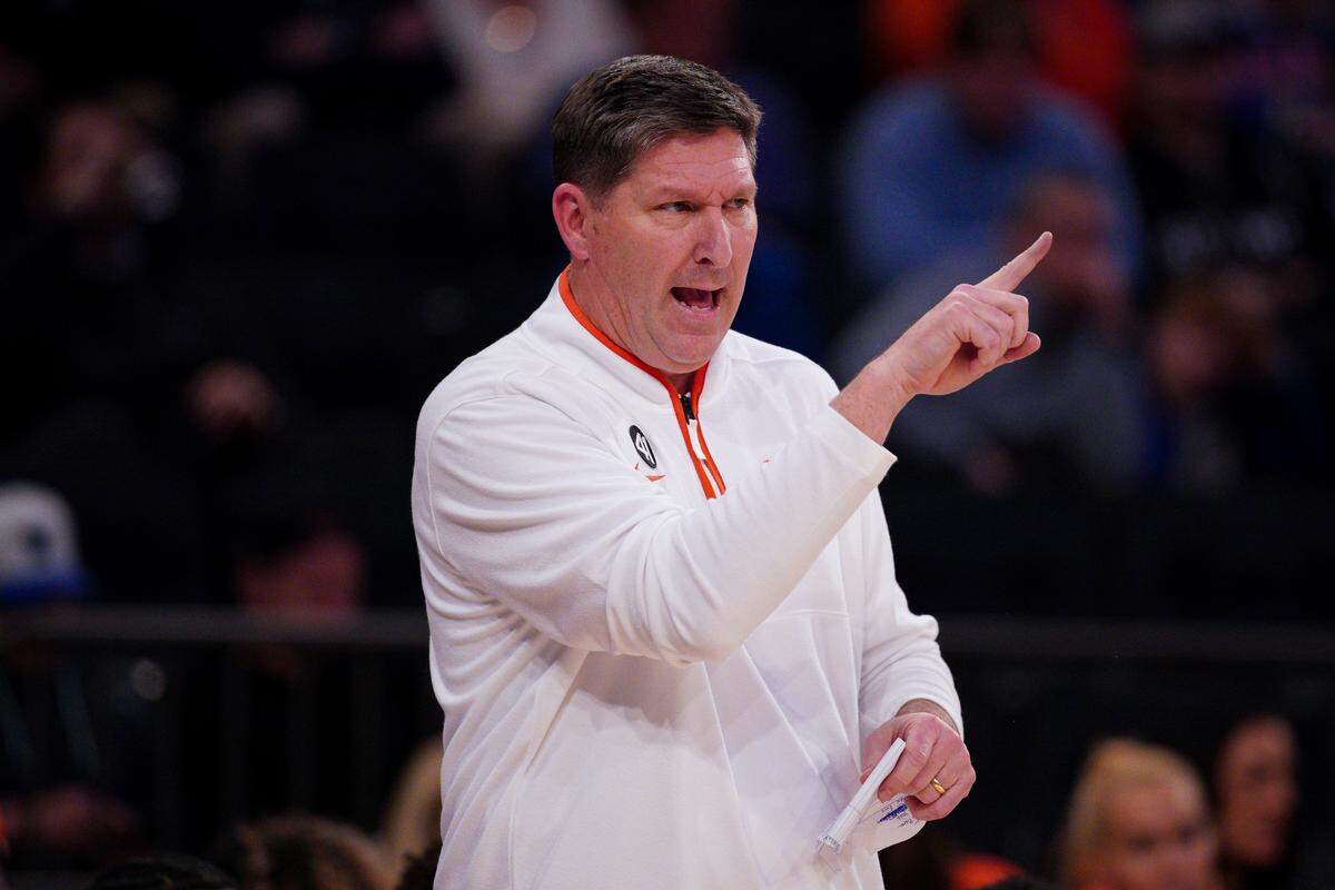 Brad Brownell of the Clemson Tigers instructs his team against the BYU Cougars at Madison Square Garden on Tuesday.
