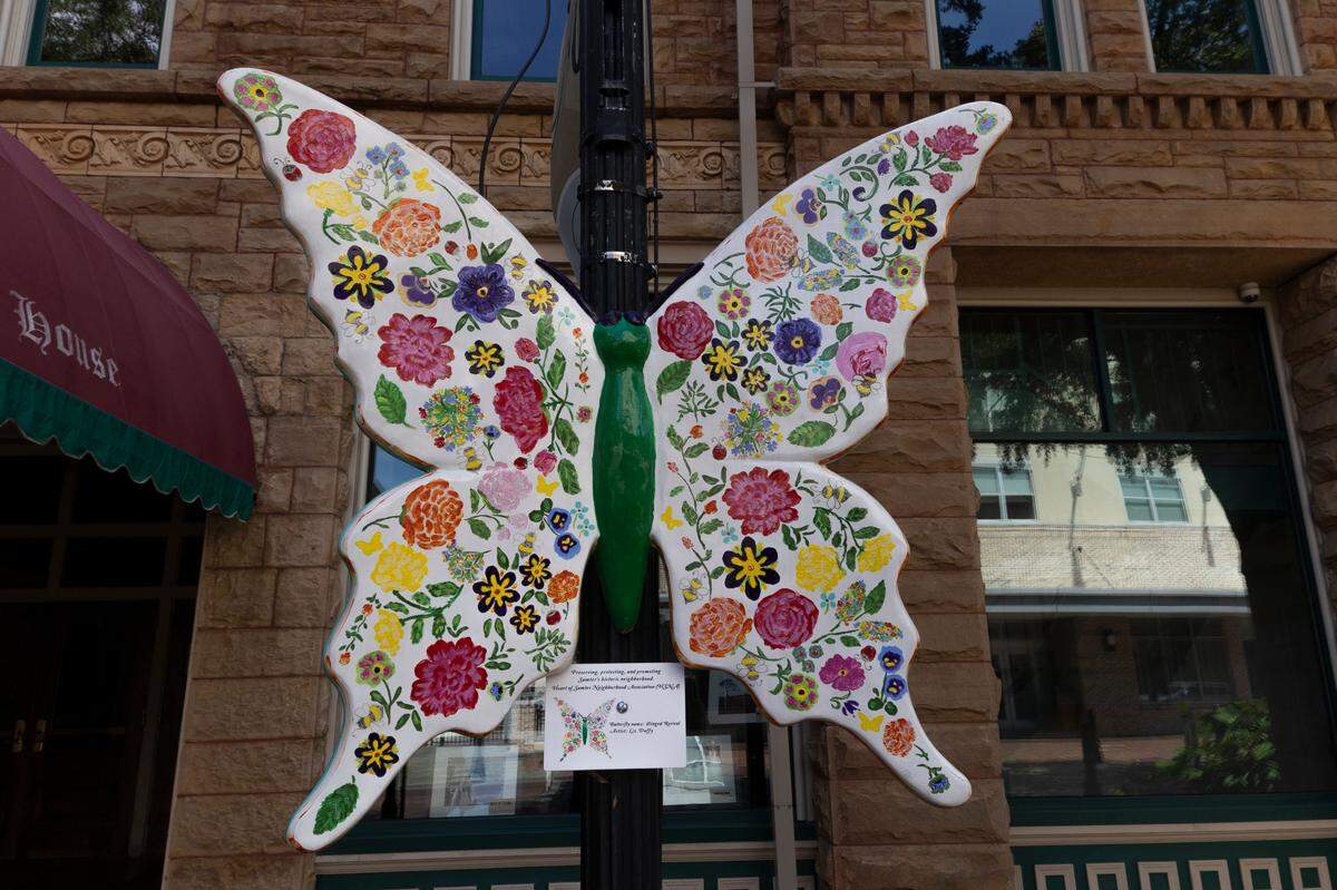 Painted butterflies adorn light posts in downtown Sumter. The public art project is a partnership between Downtown Sumter, the Main Street Society, and the city.