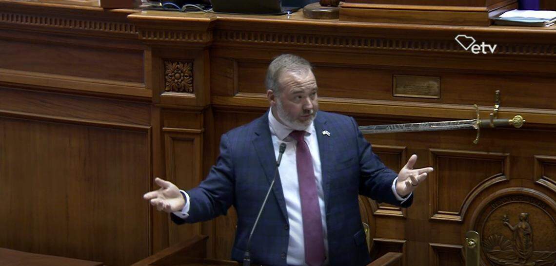 Sen. Stephen Goldfinch, a Murrells Inlet Republican, speaks about changes in beach management during debate on the Senate floor in April 2024.