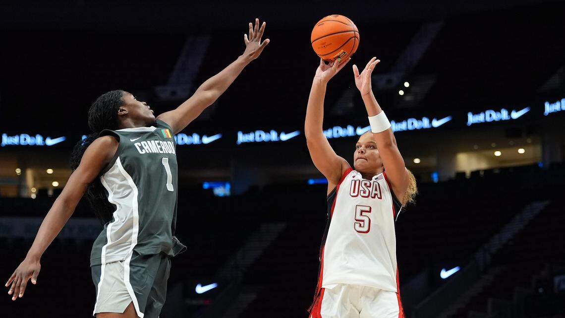 Jerzy Robinson #5 of Team USA during the 2026 Nike Hoop Summit at Moda Center on April 11 in Portland, Oregon. 