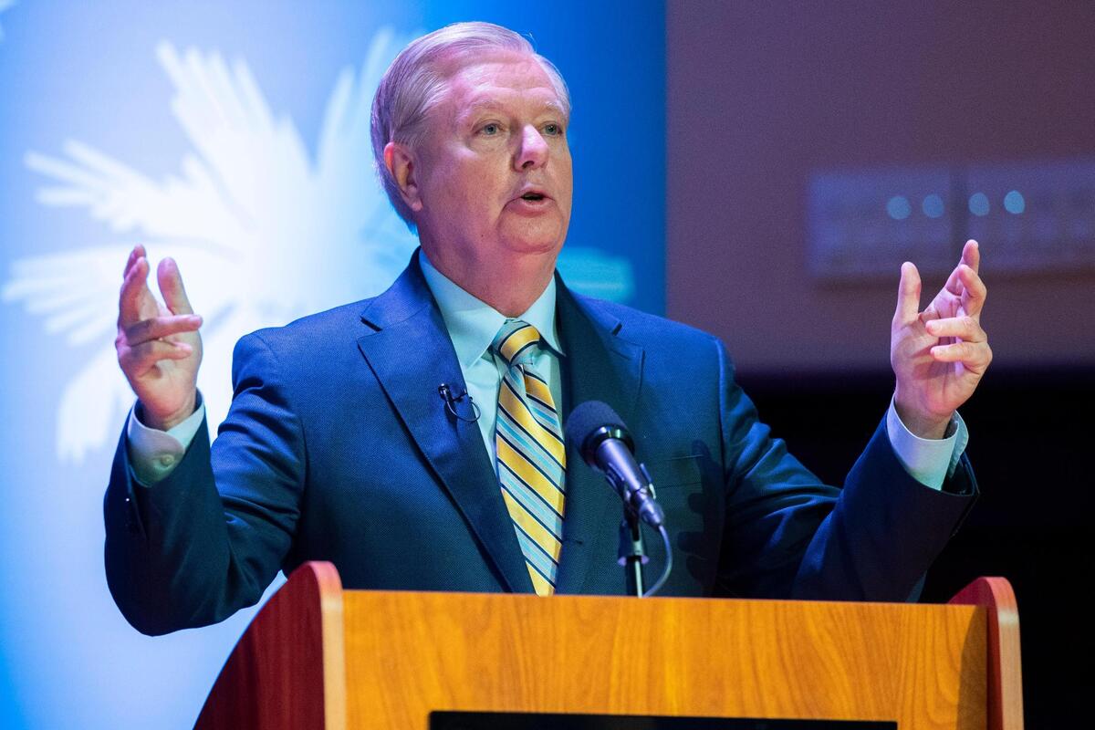 Jaime Harrison and Senator Lindsey Graham face off in the South Carolina U.S. Senate debate at Allen University in Columbia, South Carolina on Saturday, October 3, 2020.